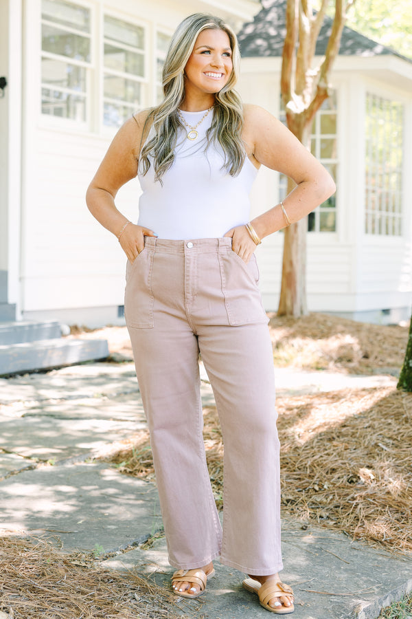 Chic Soul plus size clothing, mauve-tan straight leg jeans with oversized front pockets
