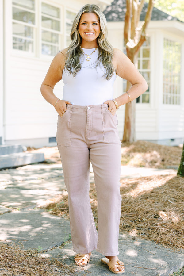 Chic Soul plus size clothing, mauve-tan straight leg jeans with oversized front pockets
