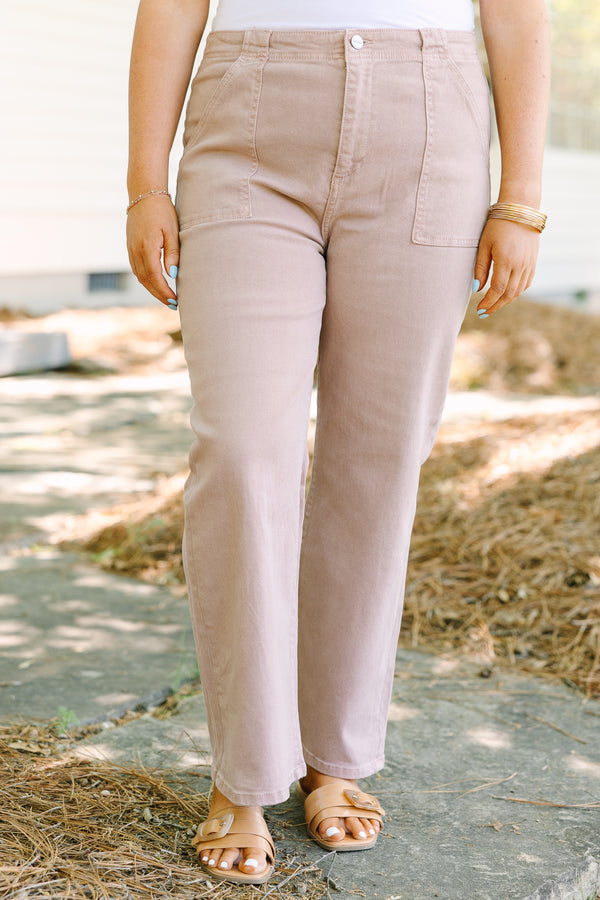 Chic Soul plus size clothing, mauve-tan straight leg jeans with oversized front pockets
