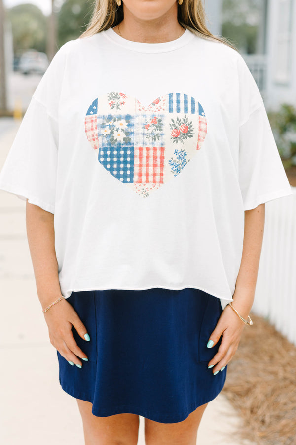 Chic Soul plus size clothing, white short sleeve vintage wash cropped tee with patchwork red white and blue flowers and patterns inside of a heart