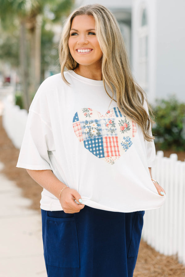Chic Soul plus size clothing, white short sleeve vintage wash cropped tee with patchwork red white and blue flowers and patterns inside of a heart