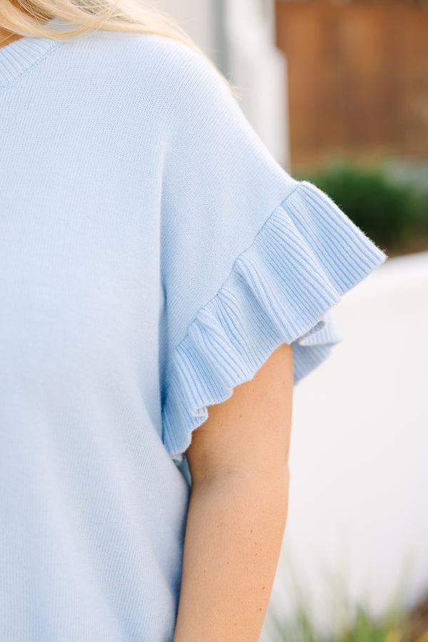 Chic Soul plus size clothing, short ruffle sleeve light blue sweater 