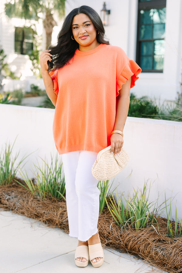 Chic Soul plus size clothing, coral orange short ruffle sleeve sweater top 
