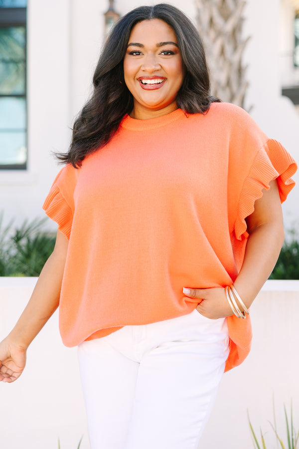 Chic Soul plus size clothing, coral orange short ruffle sleeve sweater top 