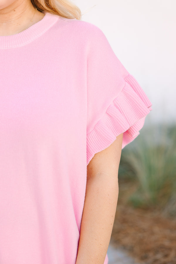 Chic Soul plus size clothing, pink short flutter sleeve light knit sweater
