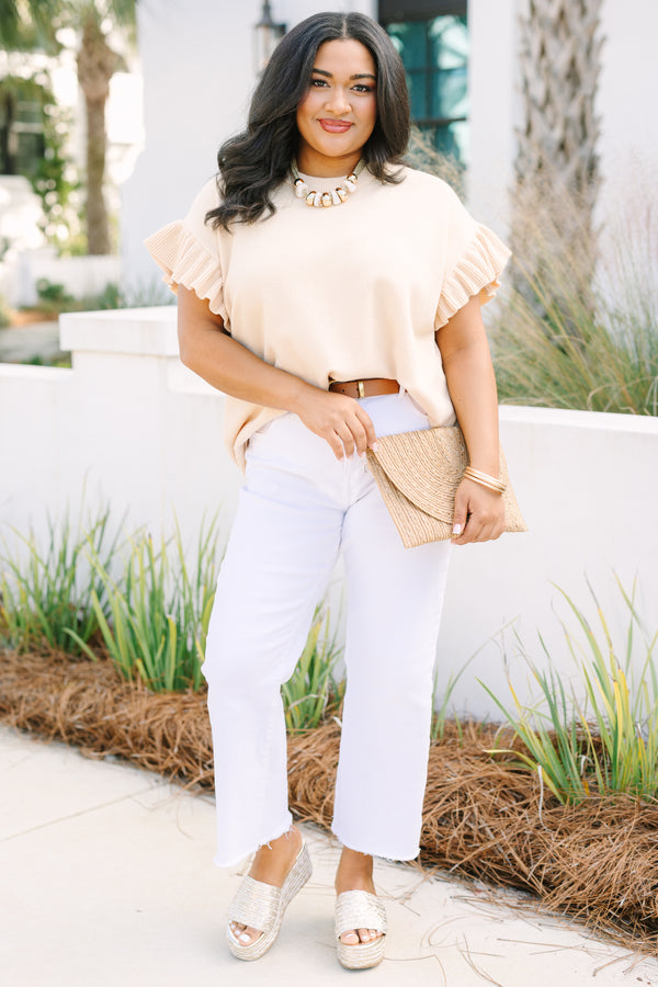 Chic Soul plus size clothing, taupe sweater with short flutter sleeves and a ribbed detailing going around the neckline on the sleeves and going around the bottom of the top