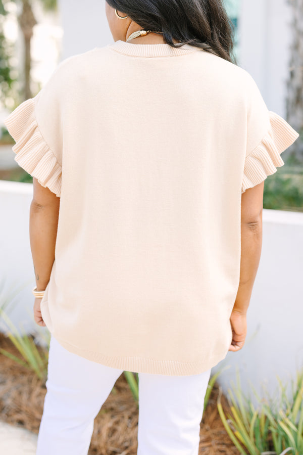 Chic Soul plus size clothing, taupe sweater with short flutter sleeves and a ribbed detailing going around the neckline on the sleeves and going around the bottom of the top