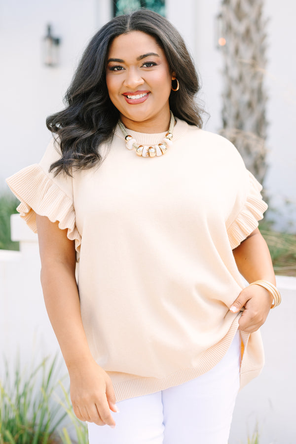 Chic Soul plus size clothing, taupe sweater with short flutter sleeves and a ribbed detailing going around the neckline on the sleeves and going around the bottom of the top