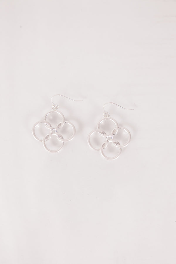 Chic Soul plus size clothing, four silver circles overlapping each other to make the shop of a flower dangle earrings