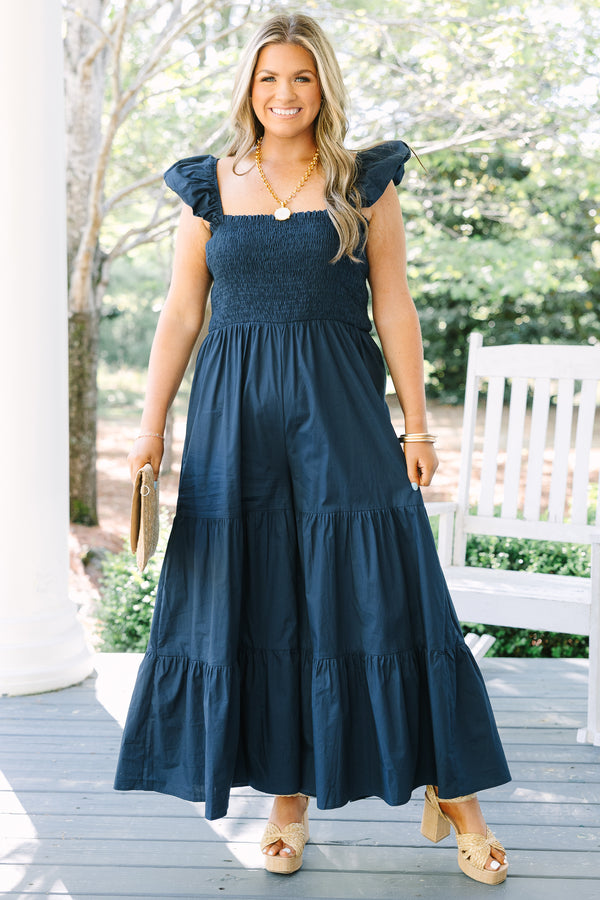 Chic Soul plus size clothing, dark navy blue ruffle tank top, wide-leg tiered jumpsuit with cinching on the bodice 
