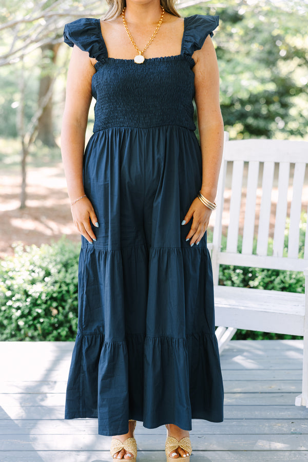 Chic Soul plus size clothing, dark navy blue ruffle tank top, wide-leg tiered jumpsuit with cinching on the bodice 
