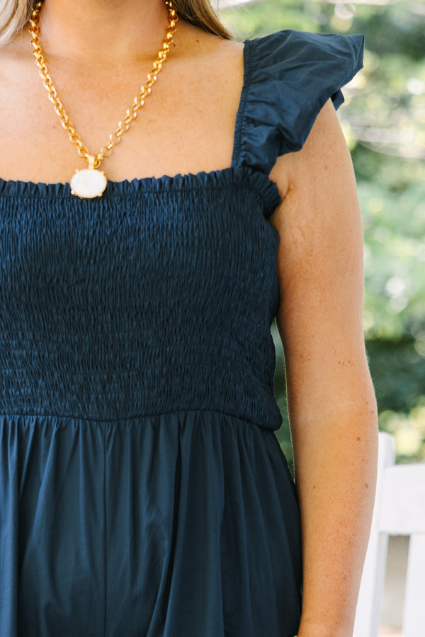 Chic Soul plus size clothing, dark navy blue ruffle tank top, wide-leg tiered jumpsuit with cinching on the bodice 
