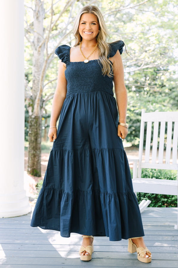 Chic Soul plus size clothing, dark navy blue ruffle tank top, wide-leg tiered jumpsuit with cinching on the bodice 
