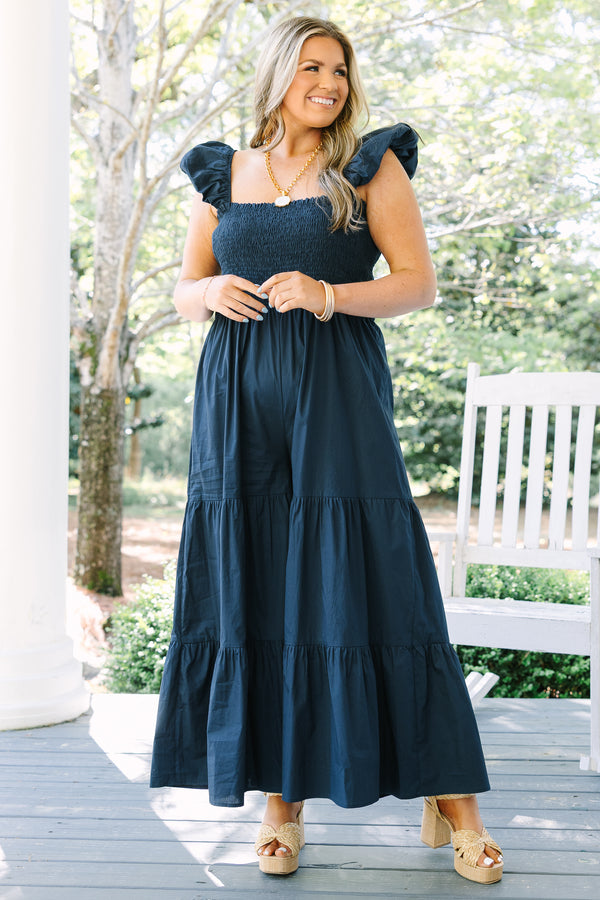 Chic Soul plus size clothing, dark navy blue ruffle tank top, wide-leg tiered jumpsuit with cinching on the bodice 
