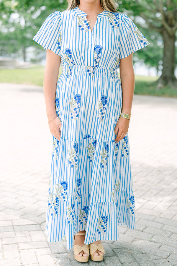 Chic Soul plus size clothing, tiered maxi dress with short sleeves a slight v-neckline and a floral block print with stripes