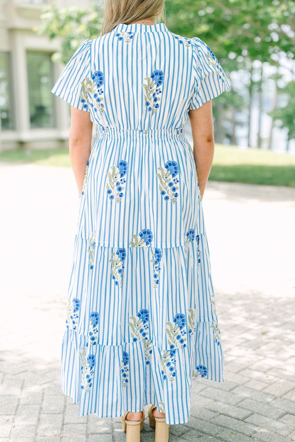 Chic Soul plus size clothing, tiered maxi dress with short sleeves a slight v-neckline and a floral block print with stripes