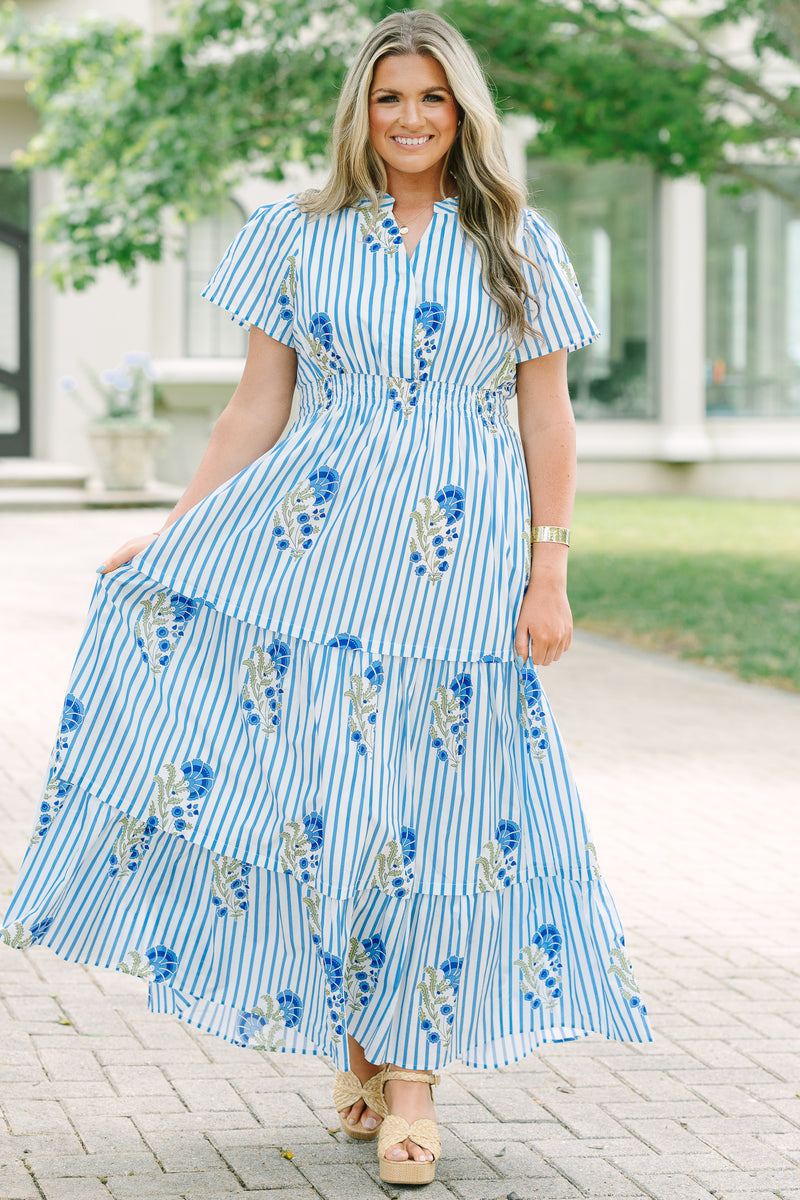 knee length dresses for ladies Pleated Petal Maxi Dress, Blue Mix – Chic Soul
