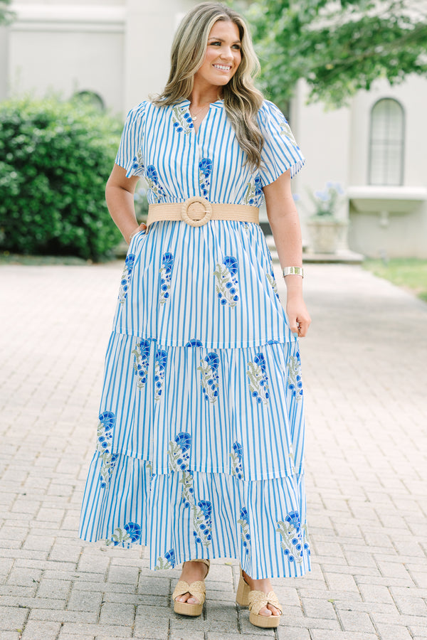 Chic Soul plus size clothing, tiered maxi dress with short sleeves a slight v-neckline and a floral block print with stripes