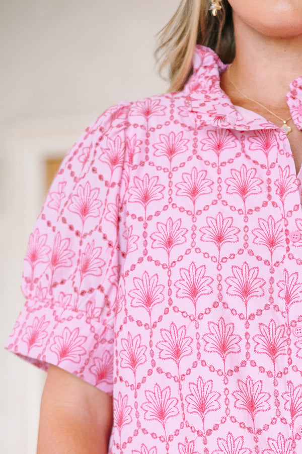 Plus size short puff sleeve pink mini dress with a stand ruffle collar and all-over floral eyelet pattern.