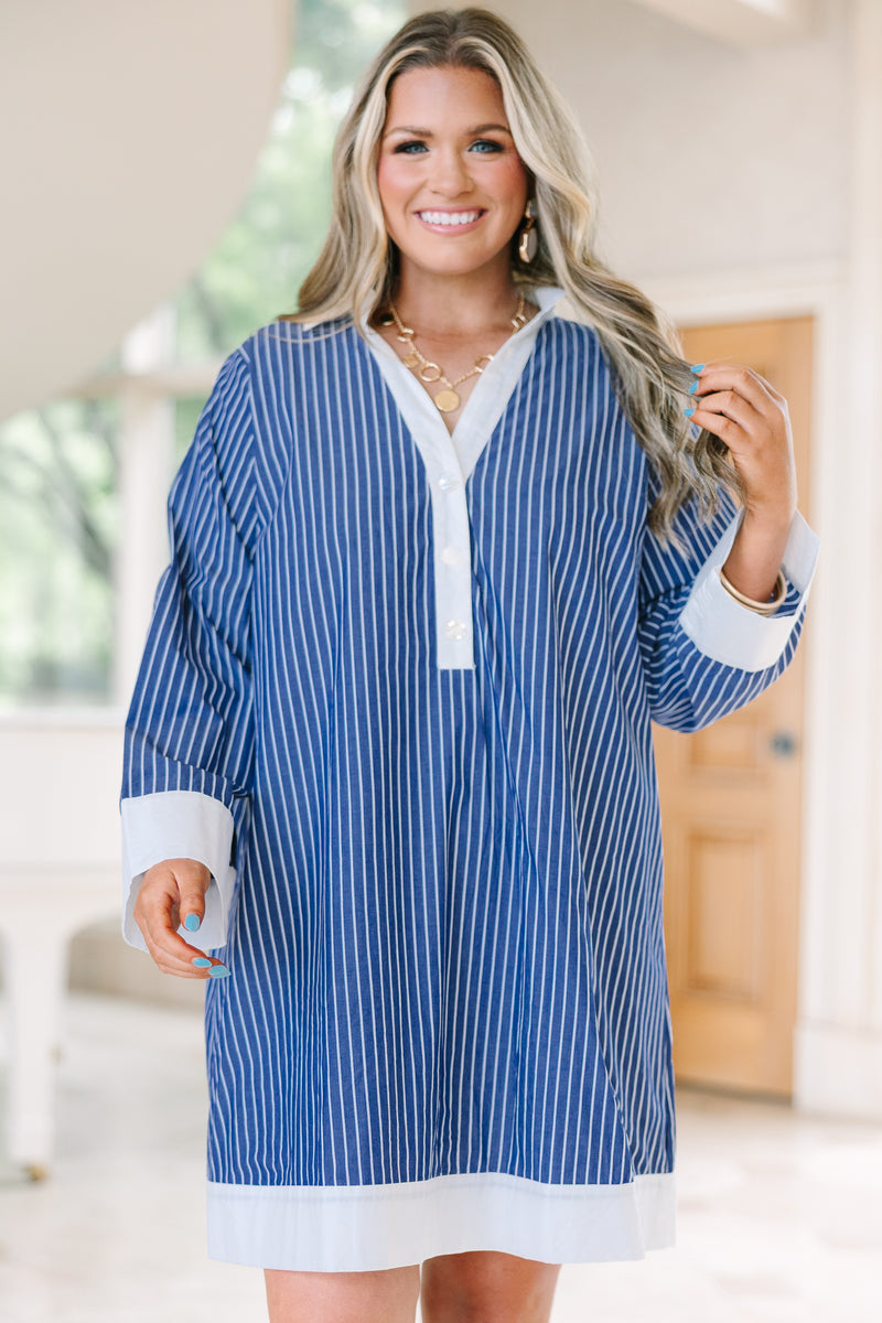 plus size blue and white striped dress SHEIN VCAY Plus Size Blue & White Striped Waist Twist Women's Autumn Long Sleeve Dress