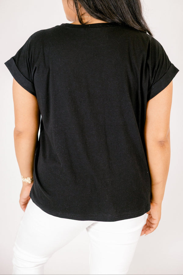 black tee with cuffed short sleeves and a round neckline