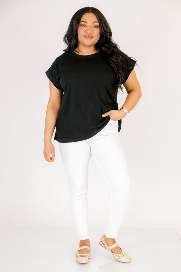 black tee with cuffed short sleeves and a round neckline