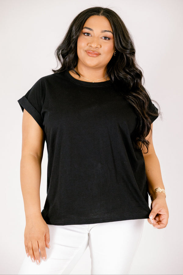 black tee with cuffed short sleeves and a round neckline