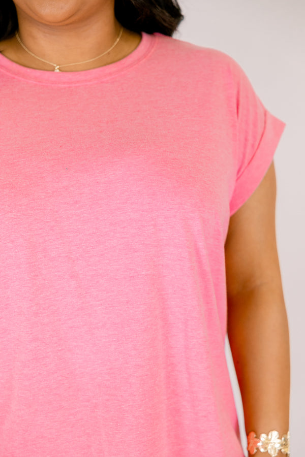 heather fuchsia tee with cuffed short sleeves and a round neckline