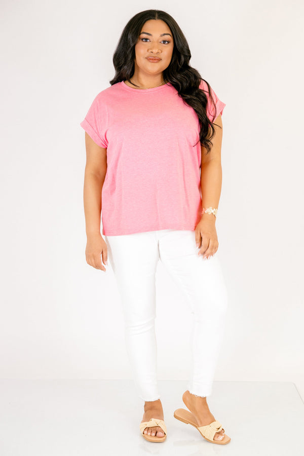 heather fuchsia tee with cuffed short sleeves and a round neckline