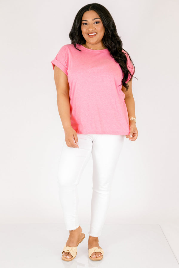 heather fuchsia tee with cuffed short sleeves and a round neckline