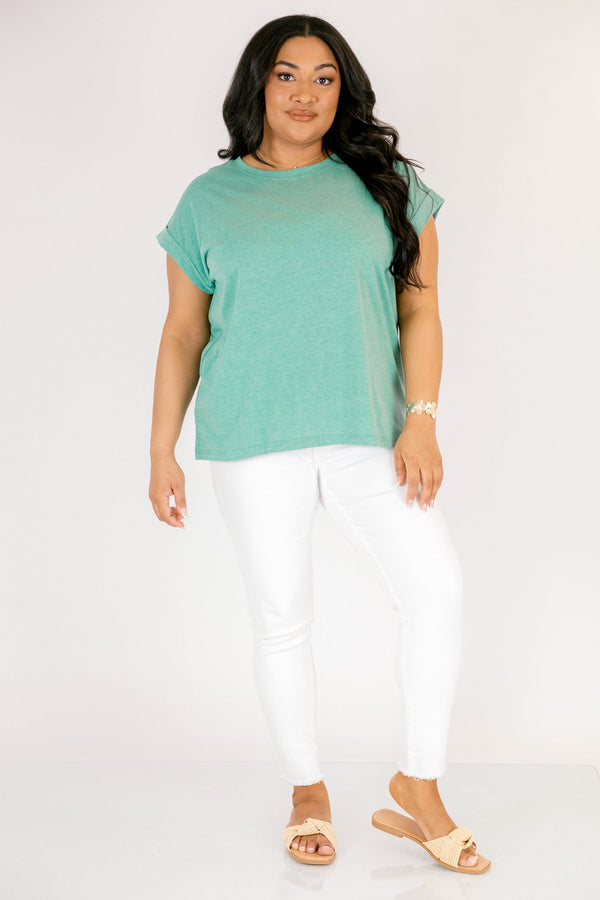 heather kelly green tee with cuffed short sleeves and a round neckline
