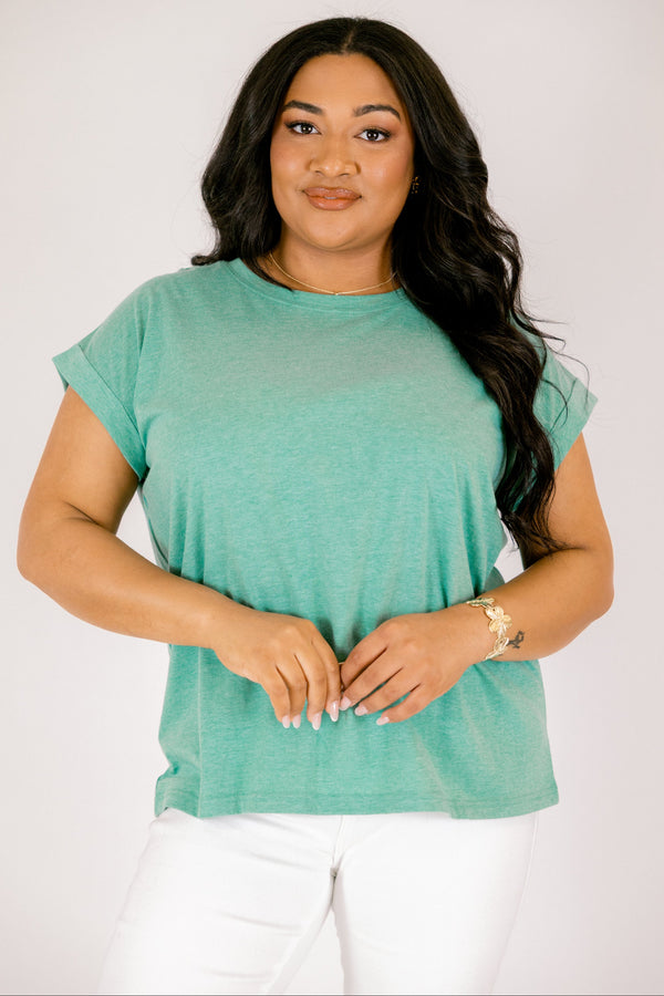 heather kelly green tee with cuffed short sleeves and a round neckline