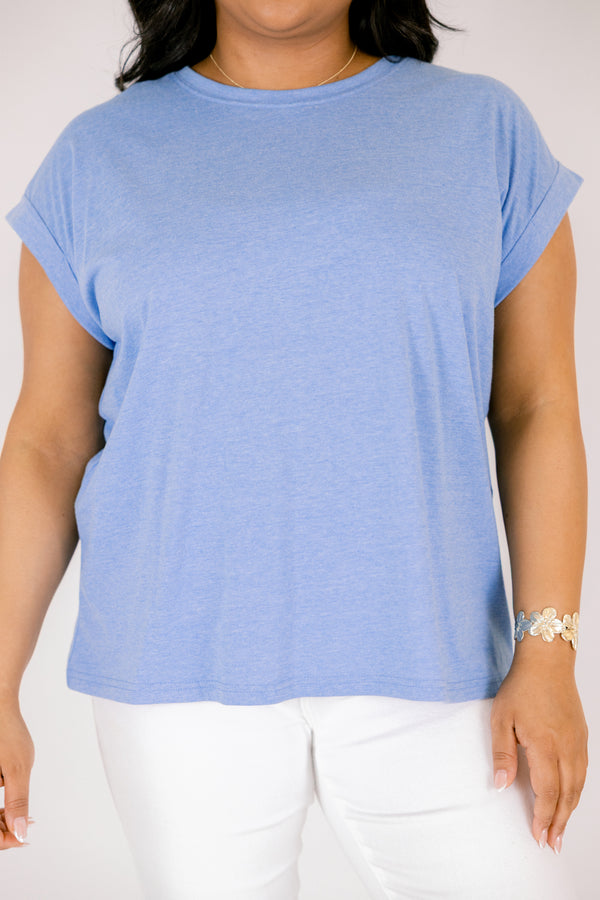 heather ocean blue tee with cuffed short sleeves and a round neckline