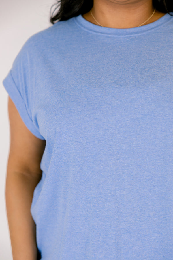 heather ocean blue tee with cuffed short sleeves and a round neckline