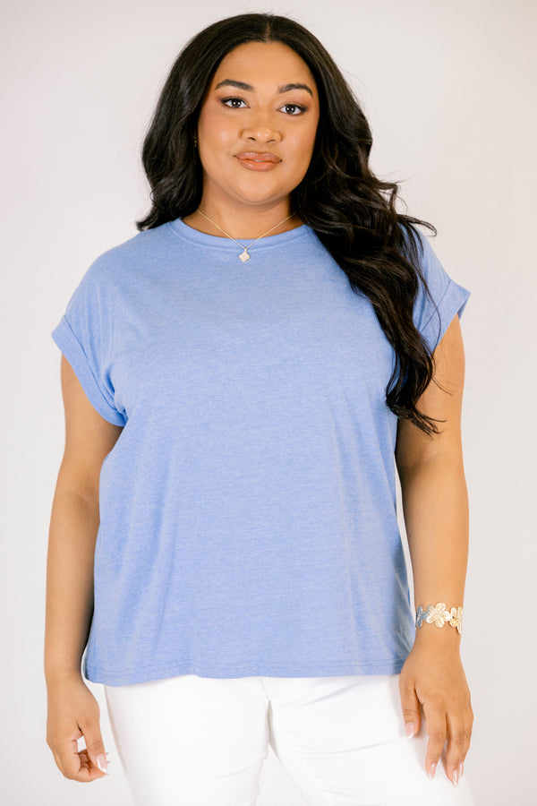 heather ocean blue tee with cuffed short sleeves and a round neckline