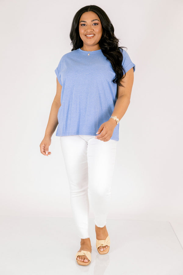 heather ocean blue tee with cuffed short sleeves and a round neckline