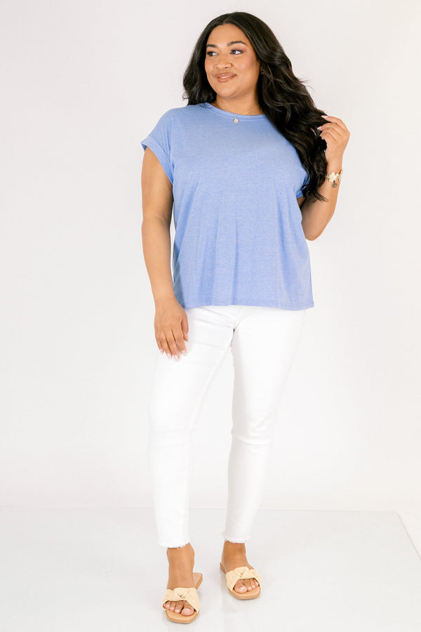 heather ocean blue tee with cuffed short sleeves and a round neckline
