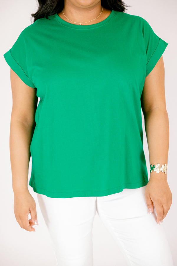 kelly green tee with cuffed short sleeves and a round neckline