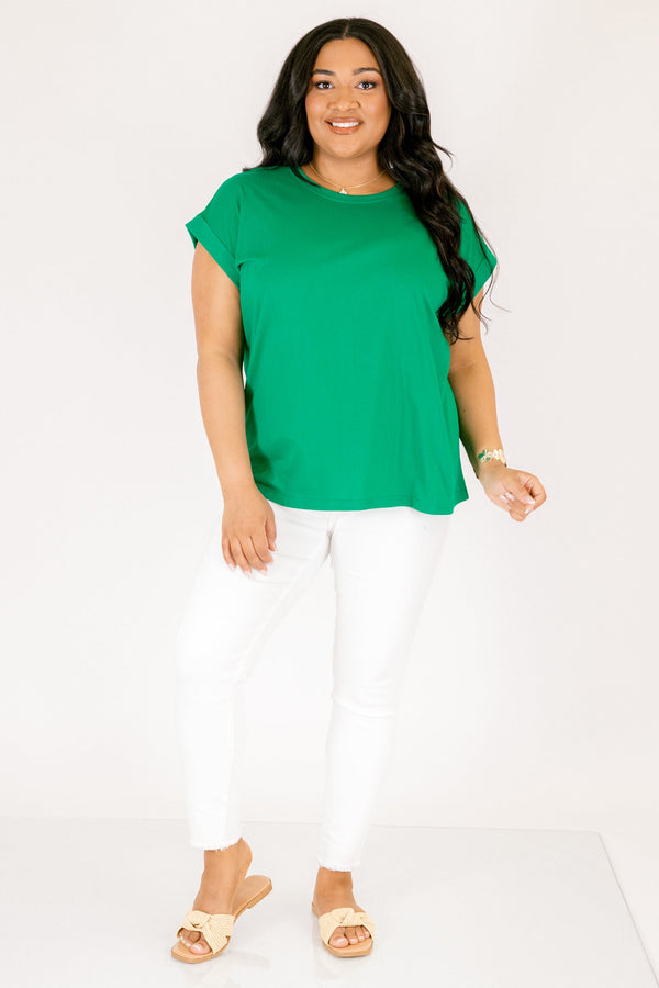 kelly green tee with cuffed short sleeves and a round neckline