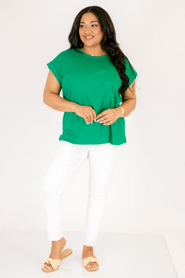 kelly green tee with cuffed short sleeves and a round neckline