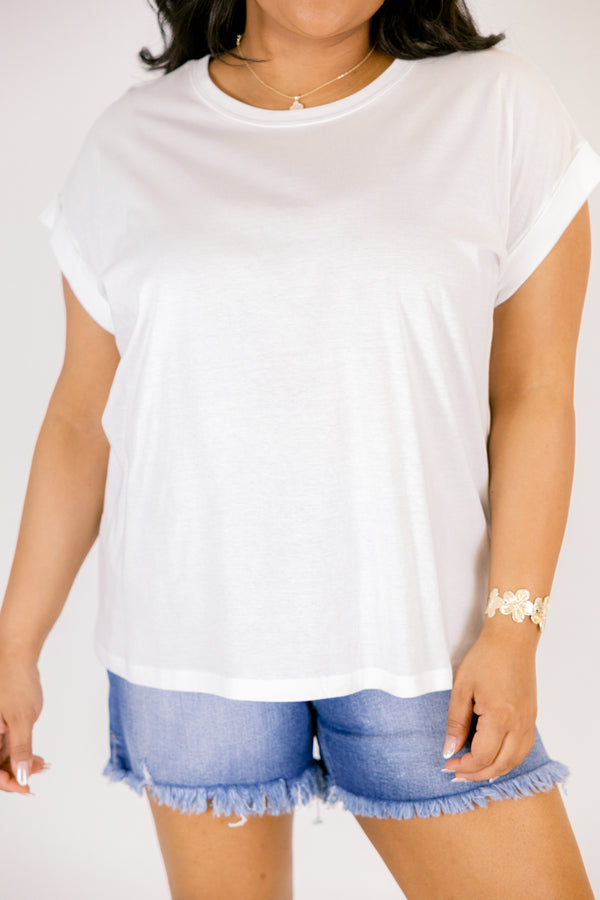 white tee with cuffed short sleeves and a round neckline