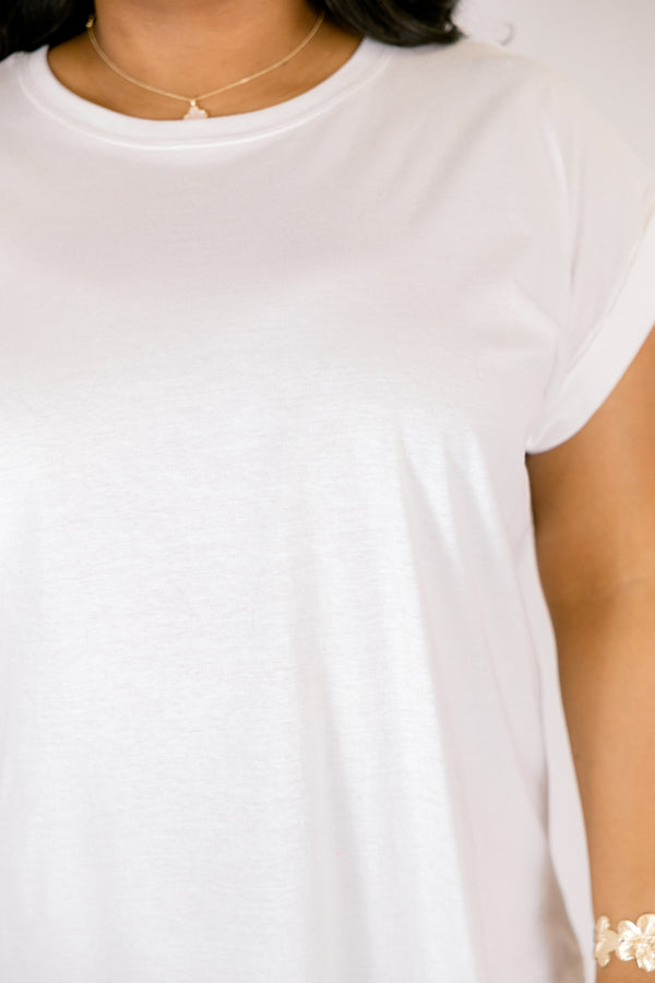 white tee with cuffed short sleeves and a round neckline