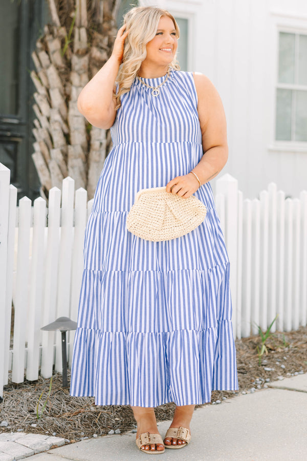 Chic Soul plus size clothing, blue tiered maxi dress with a high neck and a vertical striped pattern throughout 