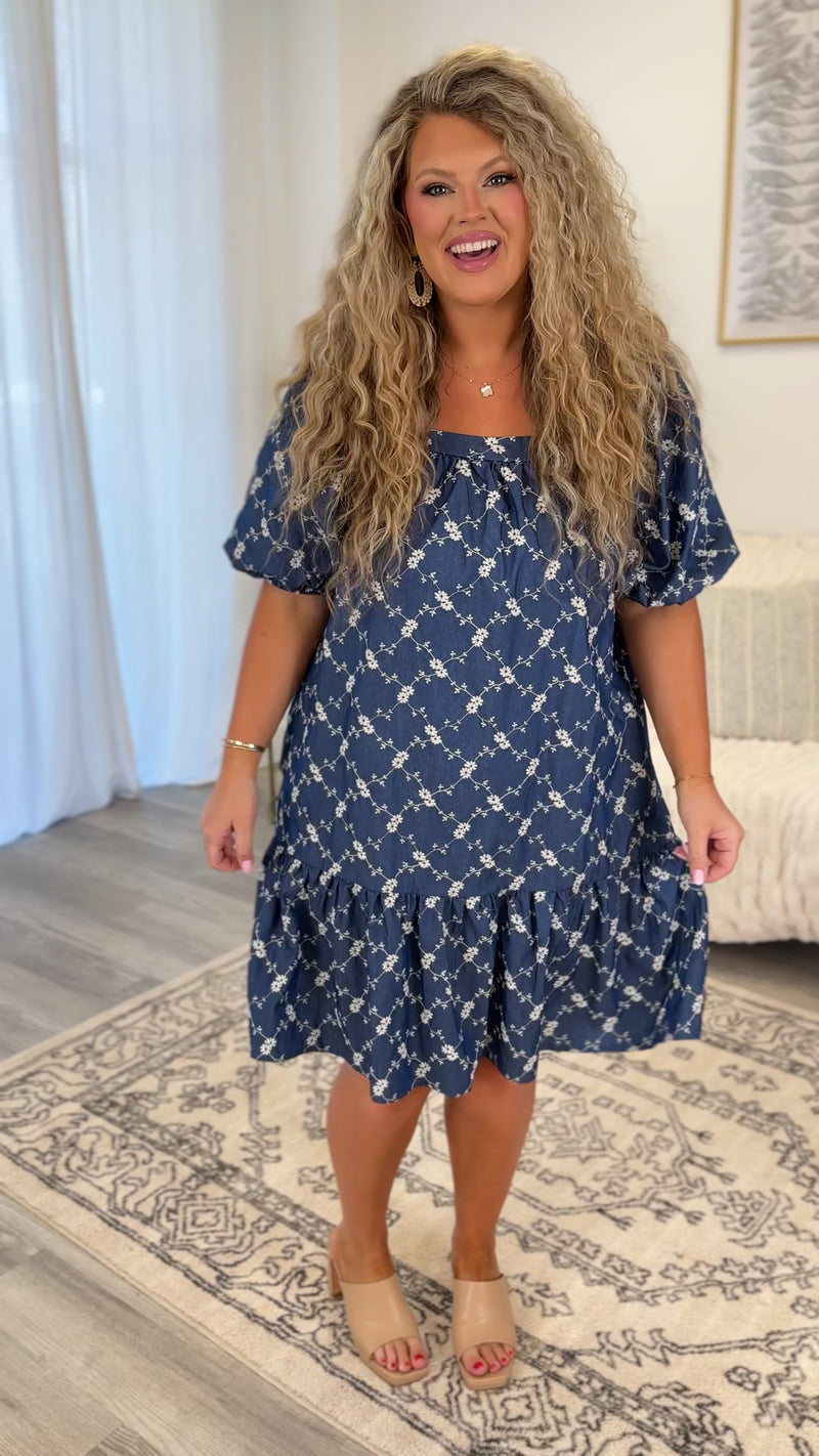 Chic Soul plus size clothing, denim blue short sleeve mini dress with white floral embroidery print with puff sleeves and square neckline