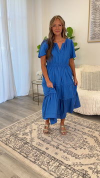 Chic Soul plus size clothing, blue short sleeve midi dress with tiered detail with synch waist and v neckline