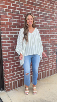 Chic Soul plus size clothing, green and white stripe short sleeve top with cuff sleeves and v neckline