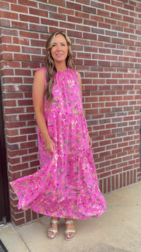 Chic Soul plus size clothing, sleeveless maxi dress with tie bow detail in the back in pink leopard print