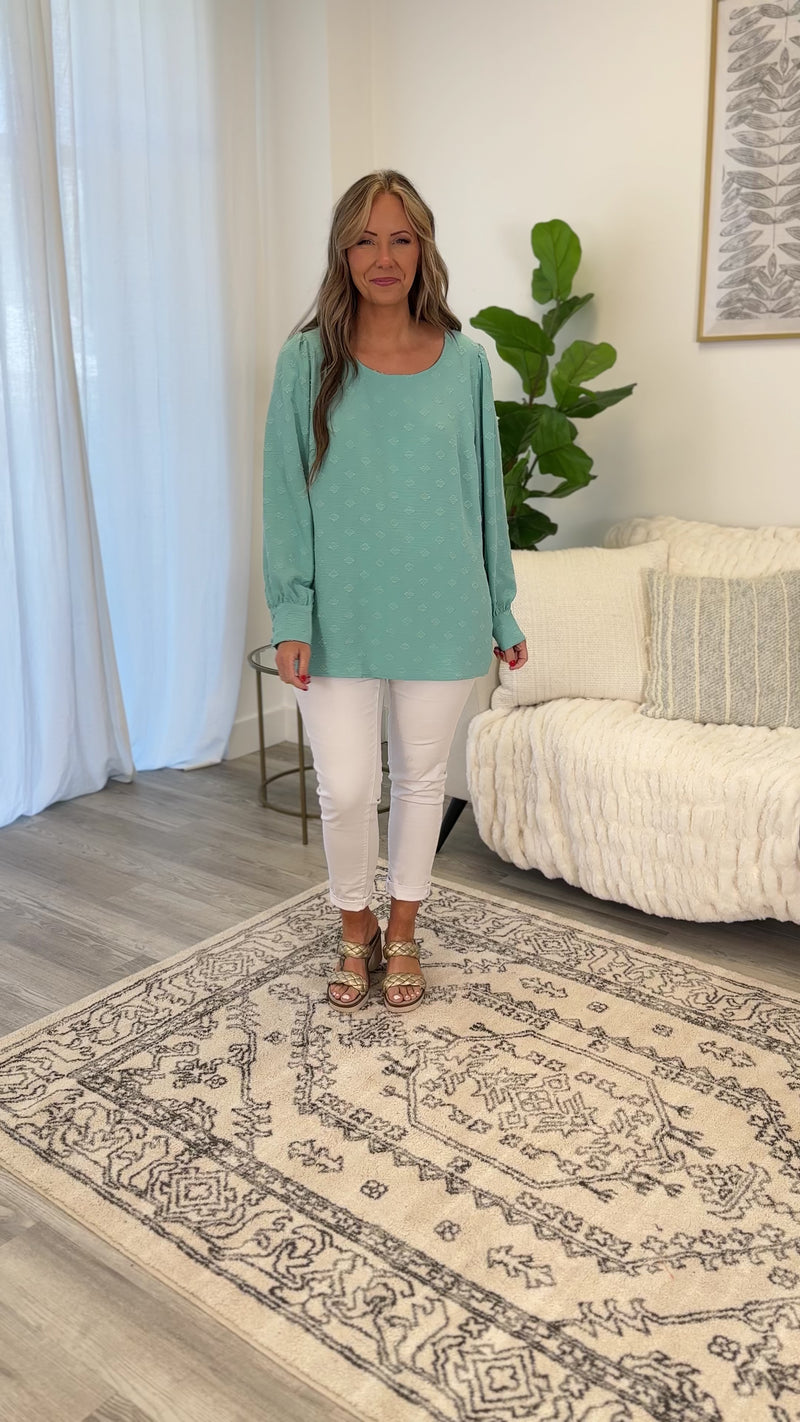 Chic Soul plus size clothing, long-sleeve light blue top with scoop-neckline