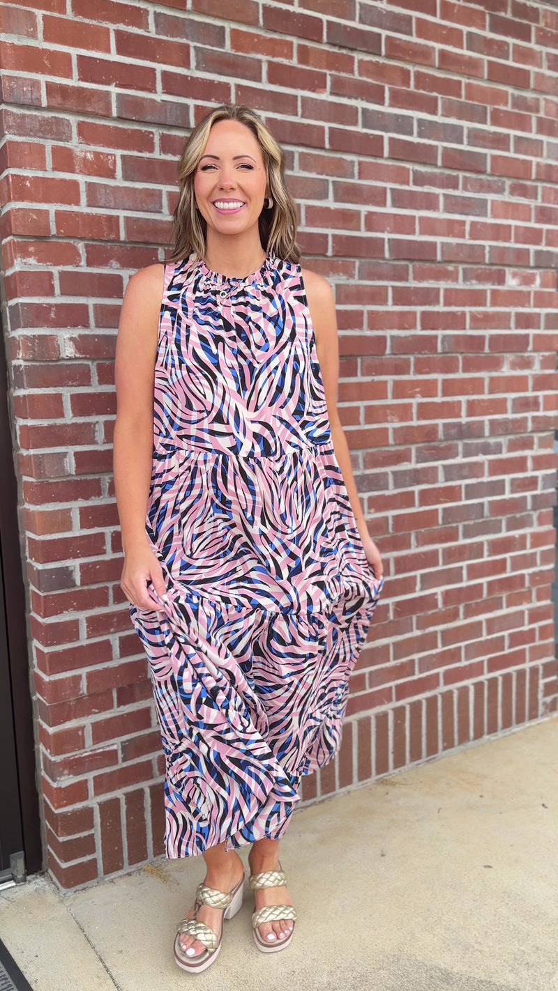 Chic Soul plus size clothing, sleeveless maxi dress with tie bow detail in the back in pink tiger print