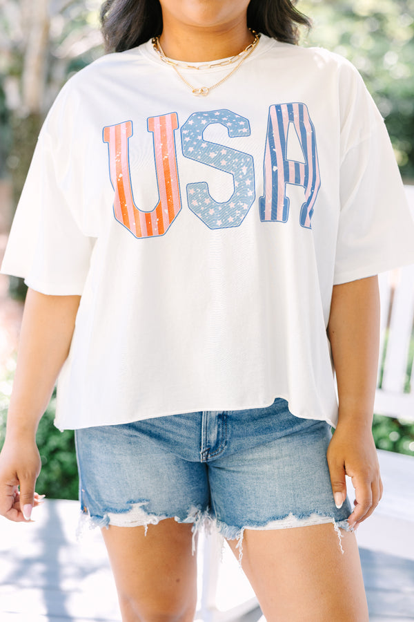 Chic Soul plus size clothing, white short sleeve tee with USA in red white and blue patterned block varsity style font across the chest